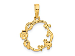 14K Yellow Gold Polished Floral with Bird Circle Pendant