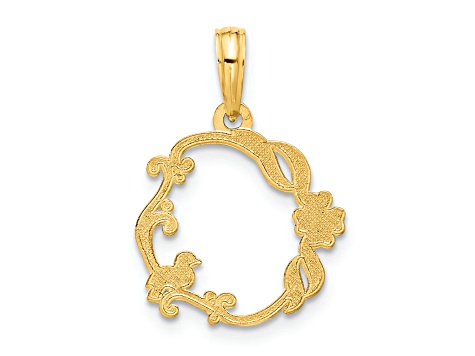 14K Yellow Gold Polished Floral with Bird Circle Pendant