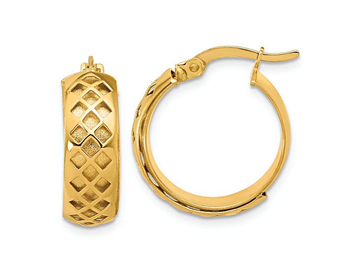 14k Yellow Gold 11/16 inch Polished and Brushed Fancy Hoop Earrings