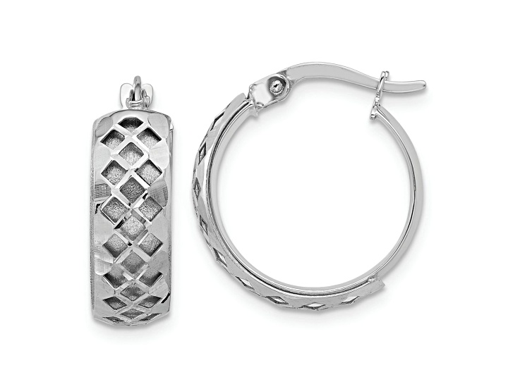 Rhodium Over 14k White Gold 11/16 inch Polished and Brushed Fancy Hoop Earrings