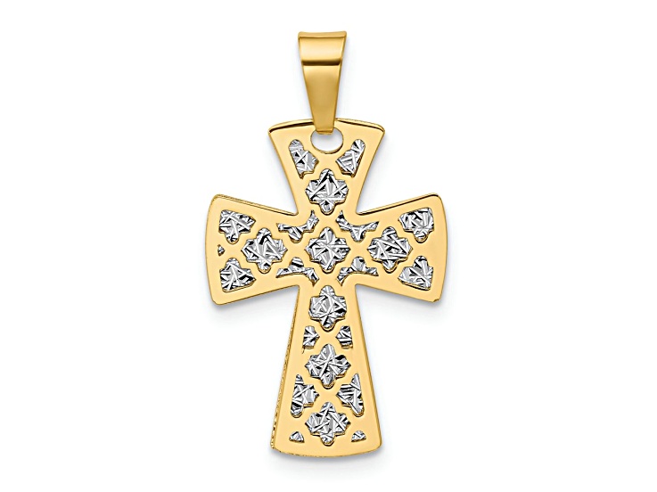 14K Yellow Gold and 14K White Gold Polished Diamond-Cut Cross Pendant