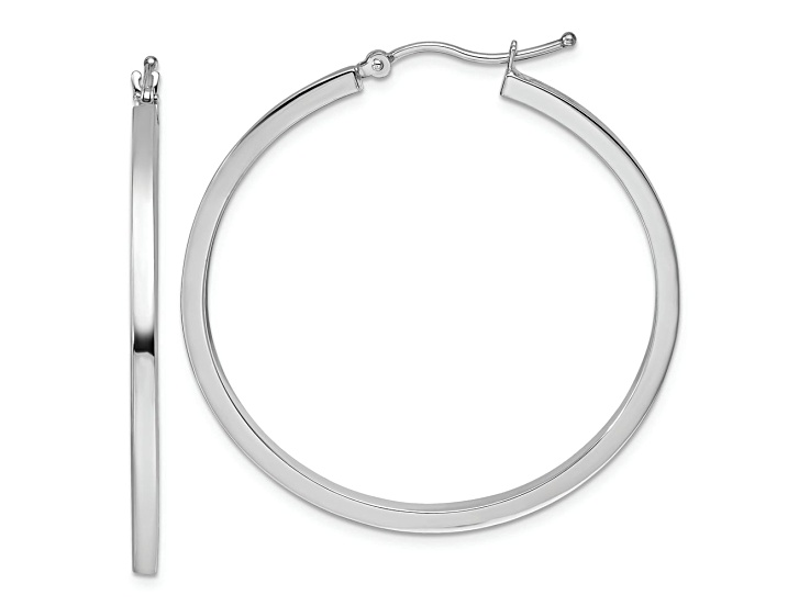 Rhodium Over 10k White Gold 1 9/16 inch Square Tube Hoop Earrings