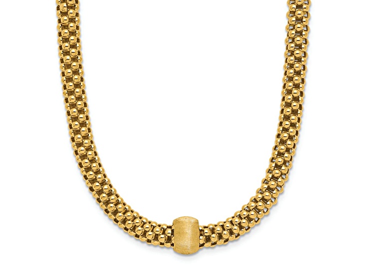 14k Yellow Gold Polished and Brushed Bead Popcorn Mesh Link 18 Inch Necklace