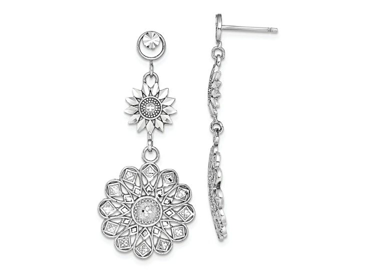 Rhodium Over 14k White Gold Diamond-Cut Sunflower Style Double Drop Earrings