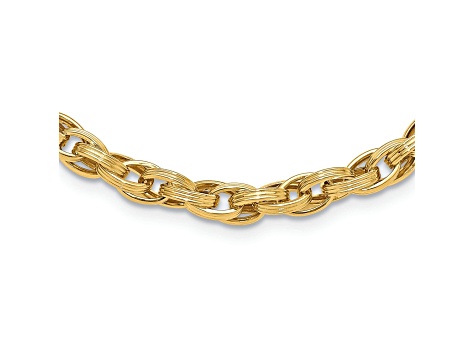 14K Yellow Gold Polished and Grooved Fancy Oval Link Necklace