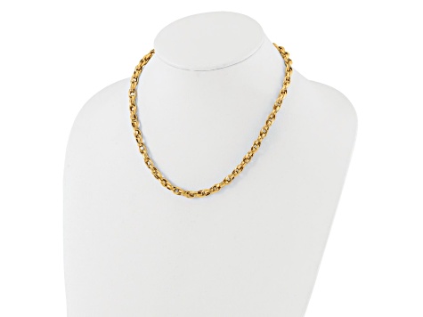 14K Yellow Gold Polished and Grooved Fancy Oval Link Necklace