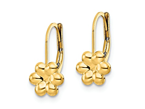 14K Yellow Gold Polished Flower Leverback Earrings