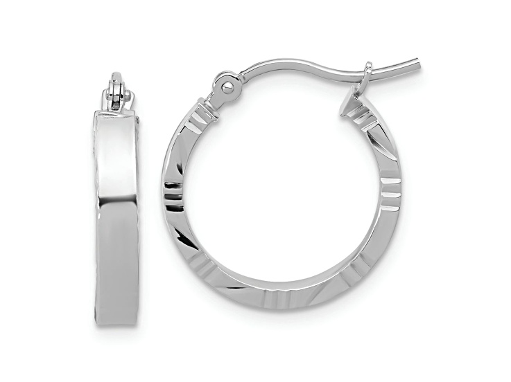 Rhodium Over 14k White Gold 13/16 inch Polished Diamond-Cut Edge Small Hoop Earrings