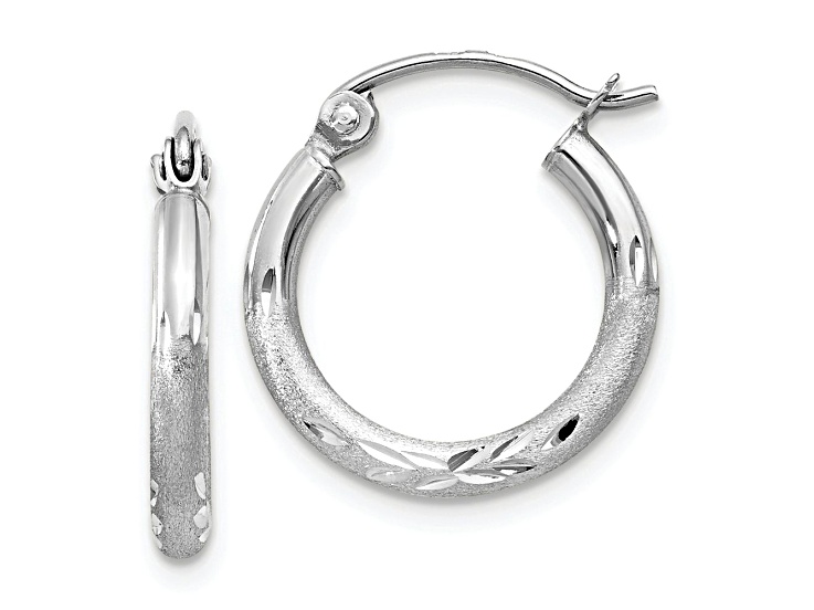 Rhodium Over 14k White Gold 9/16 inch Satin and Diamond-Cut Round Hoop Earrings