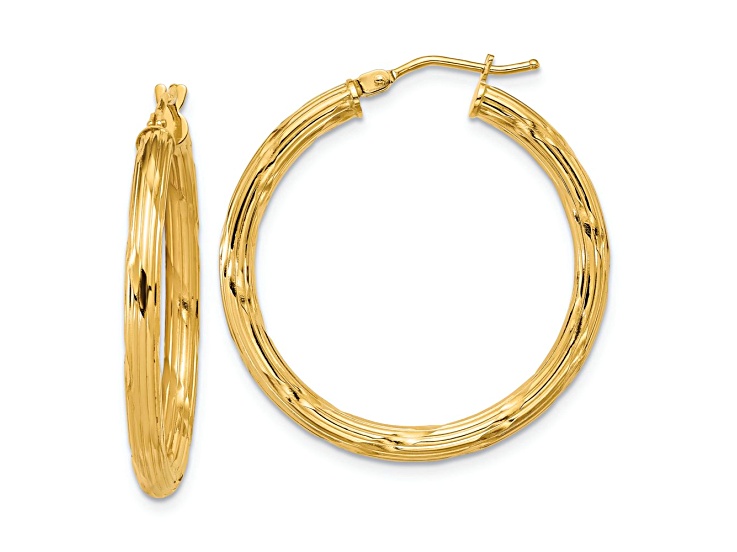 14k Yellow Gold 1 1/4 inch Polished and Grooved Round Hoop Earrings