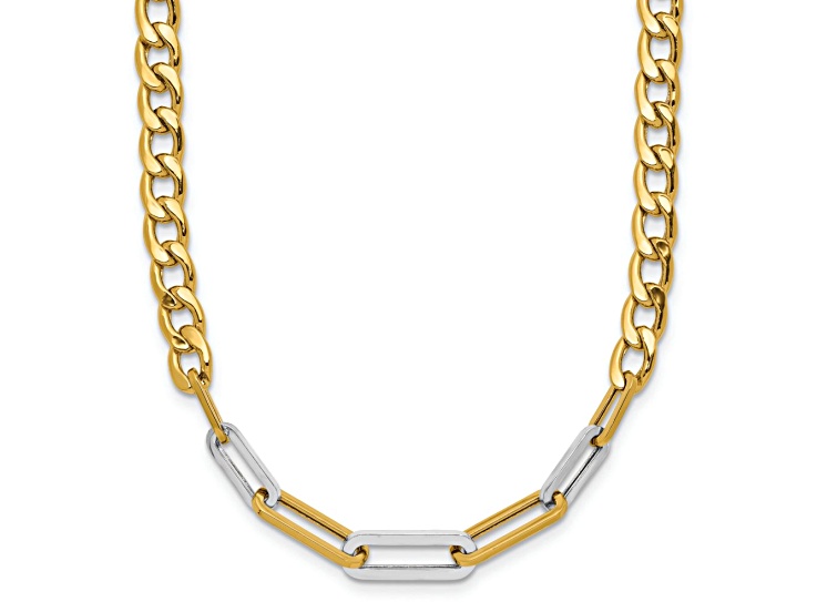 14k Yellow Gold and Rhodium Over 14k Yellow Gold Curb and Paperclip Link 17.75 Inch Necklace
