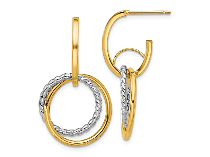 14K Two-tone Gold 1 1/4 inch Polished Twisted Circles J-Hoop Earrings