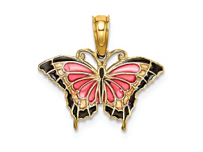 14k Yellow Gold Small Enameled Pink Butterfly Pendant