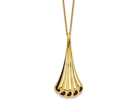14K Yellow Gold With Black Enamel Polished Fancy Pendant With 16.5 Inch Cable Chain