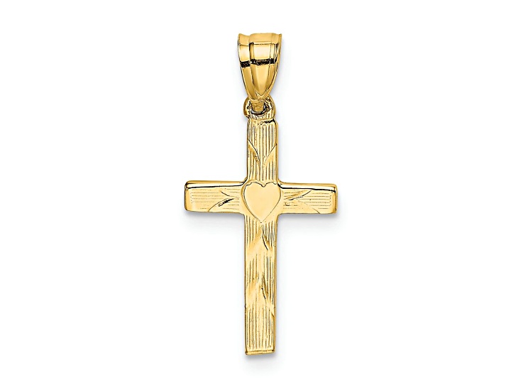 14k Yellow Gold Polished and Textured Cross with Heart Center Charm