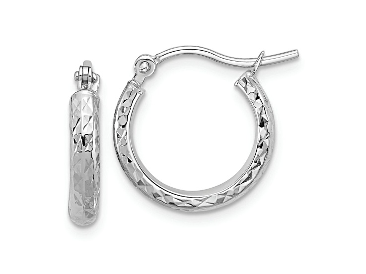 Rhodium Over 10k White Gold 9/16 inch Diamond-Cut Hoop Earrings