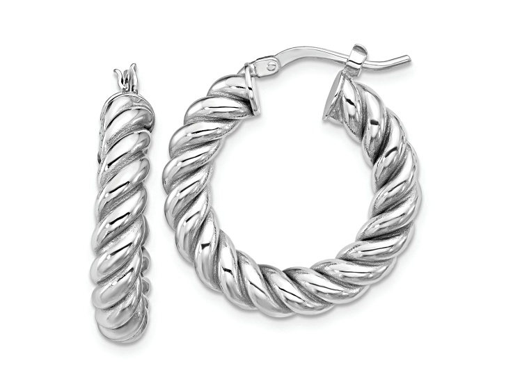 Rhodium Over 14K White Gold 7/8 inch Polished and Twisted Round Hoop Earrings
