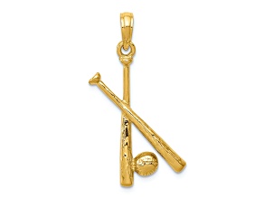 14k Yellow Gold Polished and Textured Open-Backed Bats and Baseball Pendant