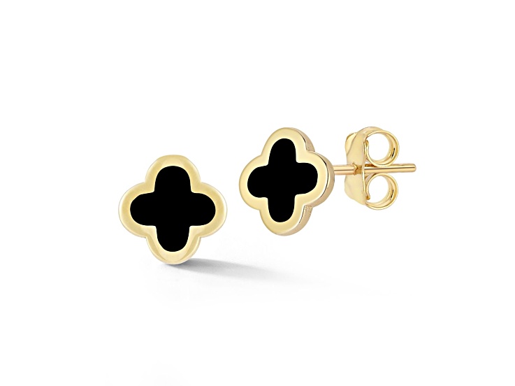 Bellissima Gold 14K Yellow Gold Black Enamel Dainty Clover Studs