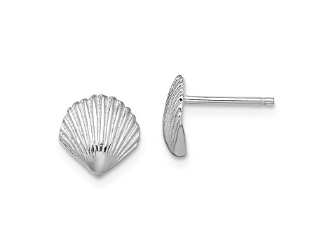 Rhodium Over 14k White Gold Scallop Shell Stud Earrings