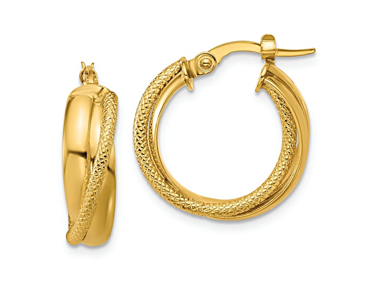 14k Yellow Gold 11/16 inch Polished and Textured Round Hoop Earrings