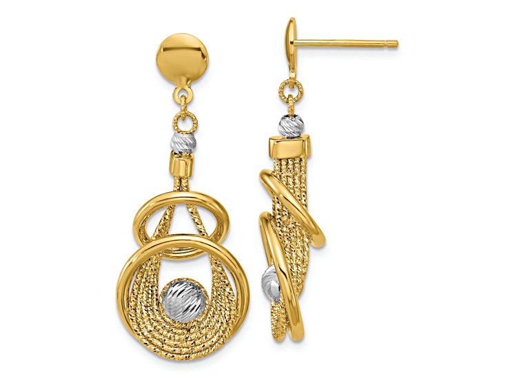 14K Two-tone Gold 1 9/16 inch Polished and Diamond-Cut Fancy Teardrop Dangle Earrings