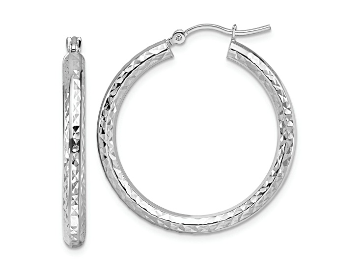 Rhodium Over 10k White Gold 1 3/16 inch Diamond-cut Round Hoop Earrings