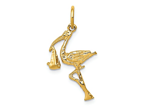 14k Yellow Gold Textured Solid Stork Charm Pendant