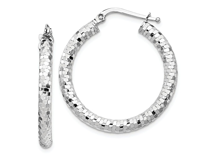 Rhodium Over 14k White Gold Diamond-Cut 1 1/8" Hoop Earrings