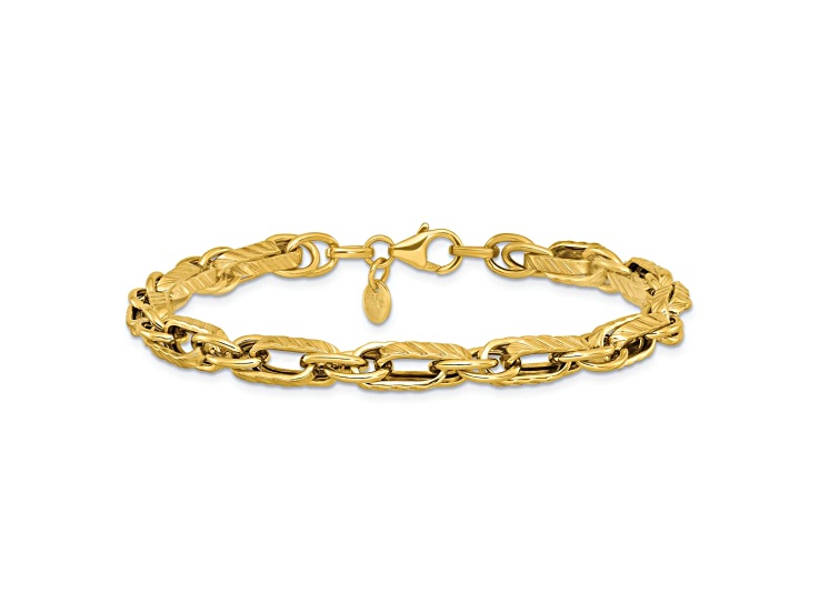 14k Yellow Gold Polished and Grooved Textured 5.9mm Fancy Link Bracelet