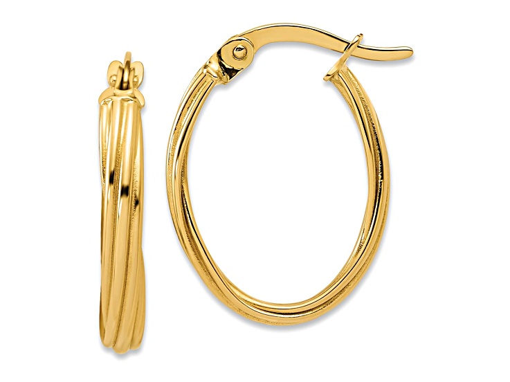 14k Yellow Gold 13/16 inch Polished and Grooved Twist Oval Hoop Earrings