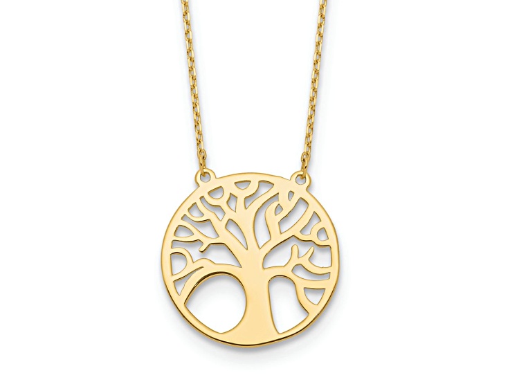 14k Yellow Gold Polished Textured Tree of Life Pendant Cable Link 17 Inch Necklace
