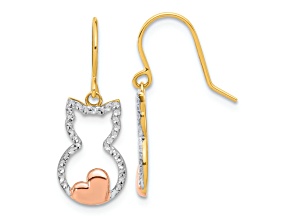 14k Yellow Gold and Rhodium Over 14k Yellow Gold Diamond-Cut Cat Outline Dangle Earrings