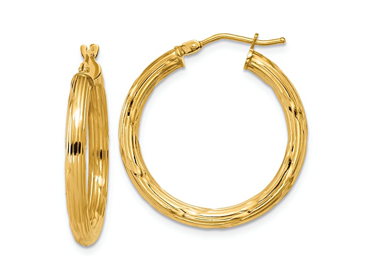 14k Yellow Gold 1 inch Polished and Grooved Round Hoop Earrings