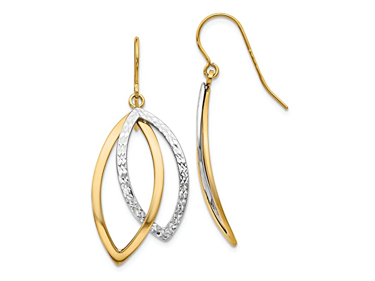 14K Two-tone Gold Polished Textured Dangle Earrings