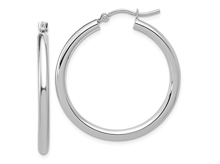 Rhodium Over 14k White Gold 1 1/4 inch Polished Tube Hoop Earrings