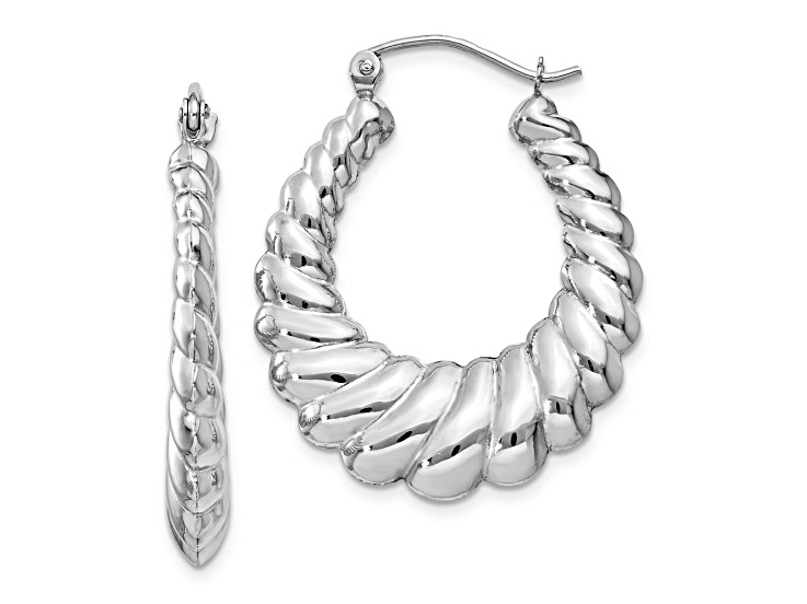 Rhodium Over 14k White Gold Polished 9/16" Scalloped Hoop Earrings