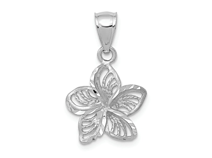 Rhodium Over 14k White Gold Polished and Diamond-Cut Beaded Plumeria Flower Charm