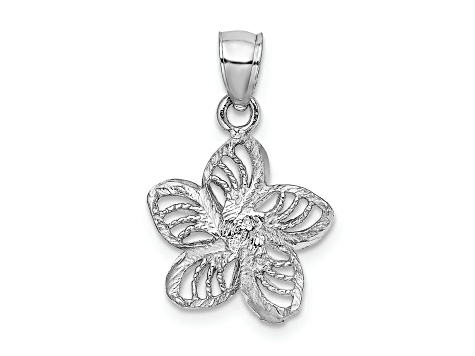 Rhodium Over 14k White Gold Polished and Diamond-Cut Beaded Plumeria Flower Charm