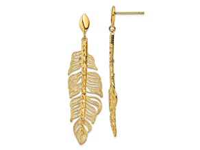 14K Yellow Gold Polished Diamond-cut Textured Leaf Post Dangle Earrings