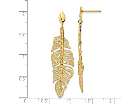 14K Yellow Gold Polished Diamond-cut Textured Leaf Post Dangle Earrings