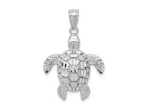 Rhodium Over 14K White Gold Diamond-cut Polished Sea Turtle Pendant