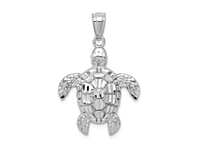 Rhodium Over 14K White Gold Diamond-cut Polished Sea Turtle Pendant