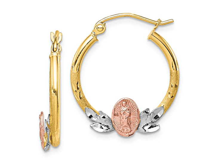 10k Yellow Gold, 10k White Gold and 10k Rose Gold 7/8" Diamond-Cut Guadalupe Hoop Earrings