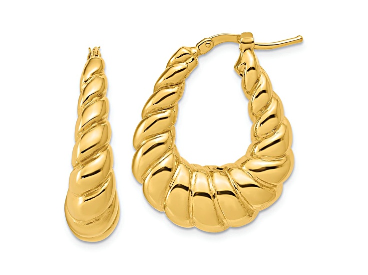 14K Yellow Gold Polished Scallop Oval Hoop Earrings