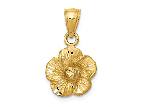 14k Yellow Gold Satin and Diamond-Cut Hibiscus Pendant