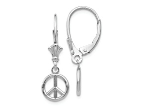 Rhodium Over 14k White Gold 3D Peace Symbol Dangle Earrings