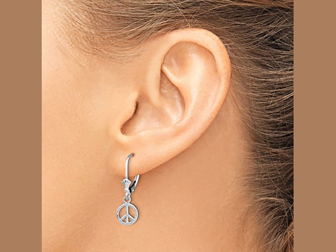 Rhodium Over 14k White Gold 3D Peace Symbol Dangle Earrings