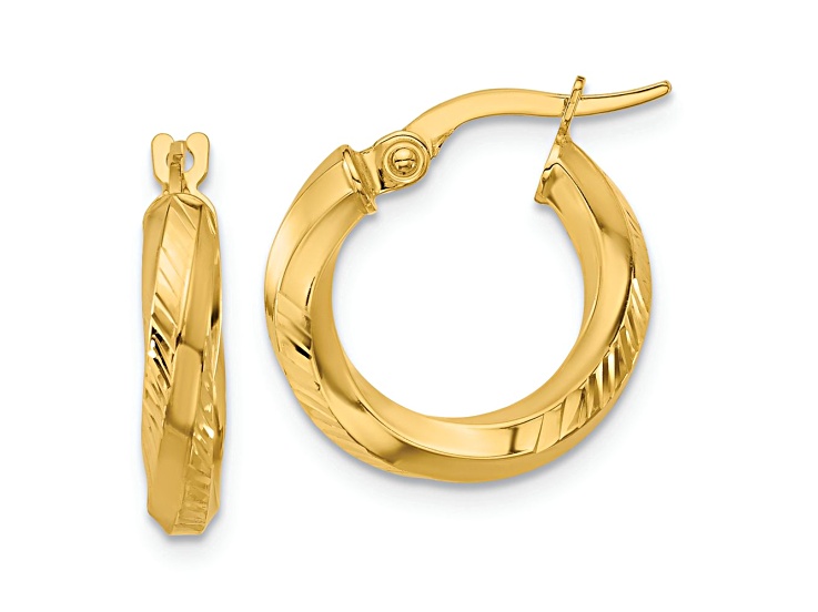 14k Yellow Gold 11/16 inch Polished and Diamond-cut Round Hoop Earrings