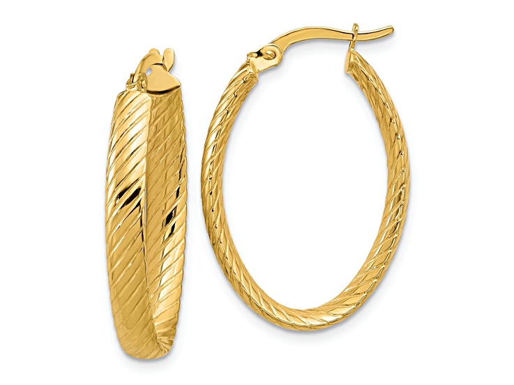 14k Yellow Gold 1 1/16 inch Polished and Grooved Oval Hoop Earrings